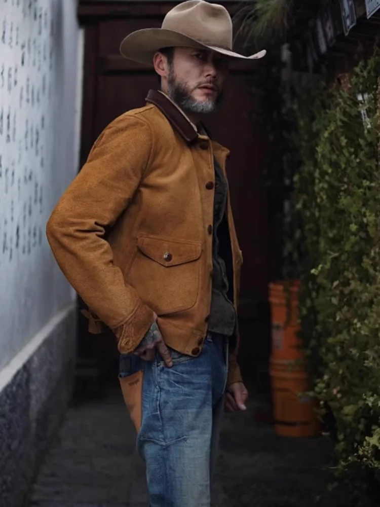 Мужская весенне-осенняя куртка из натуральной коровьей замши винтажная