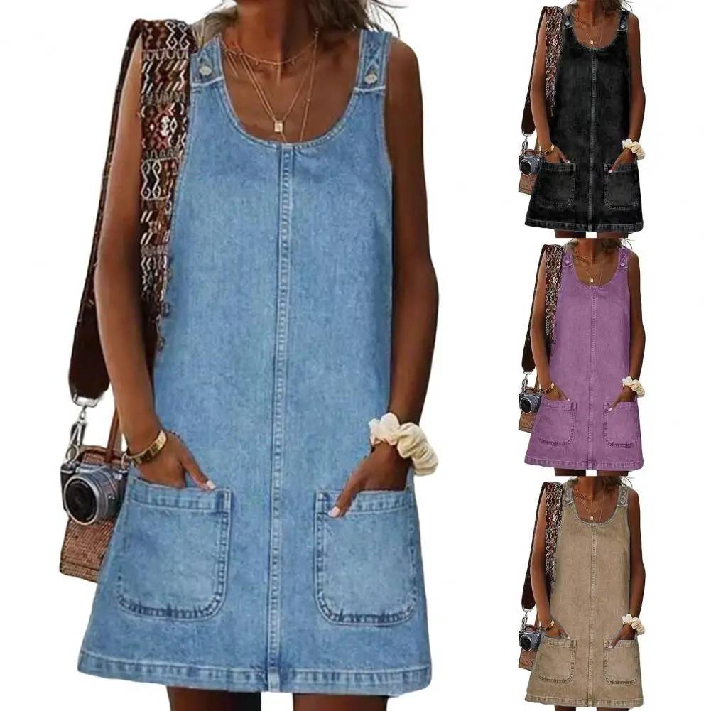 

O-neck Pockets Loose Faux Denim Dress Girls Solid Color Suspender Dress Streetwear