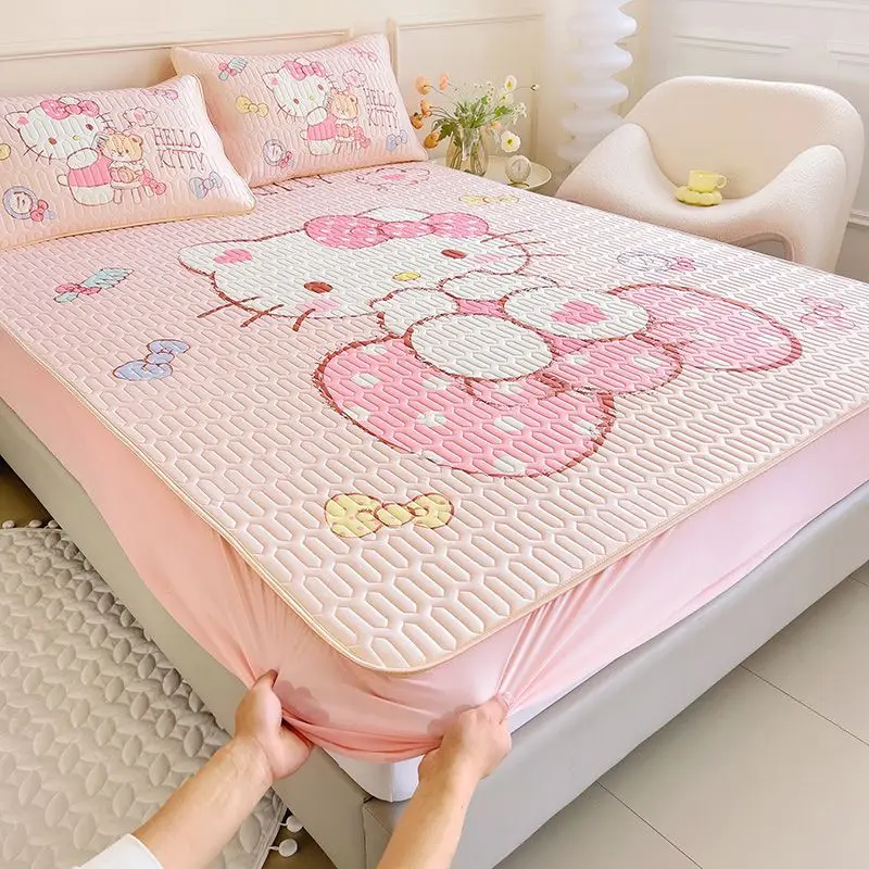 

Sanrio Hello Kitty Bed Cover Fitted Bed Sheet Anime Kawaii Anti-slip Adjustable with Elastic Soft Mattres Protector Double King