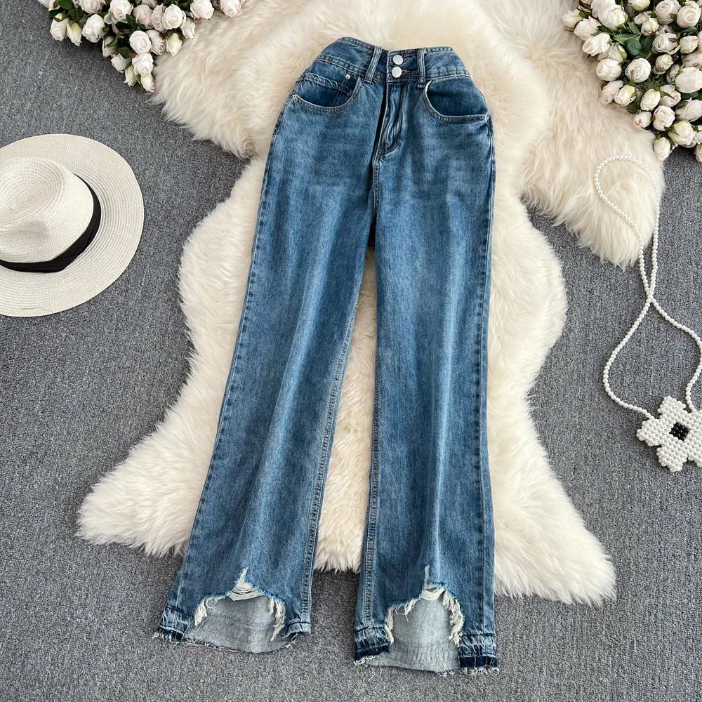 

Женские винтажные рваные брюки VNAOVICH с необработанным краем, прямые тонкие свободные джинсы с высокой талией, в Корейском стиле, осень 2022