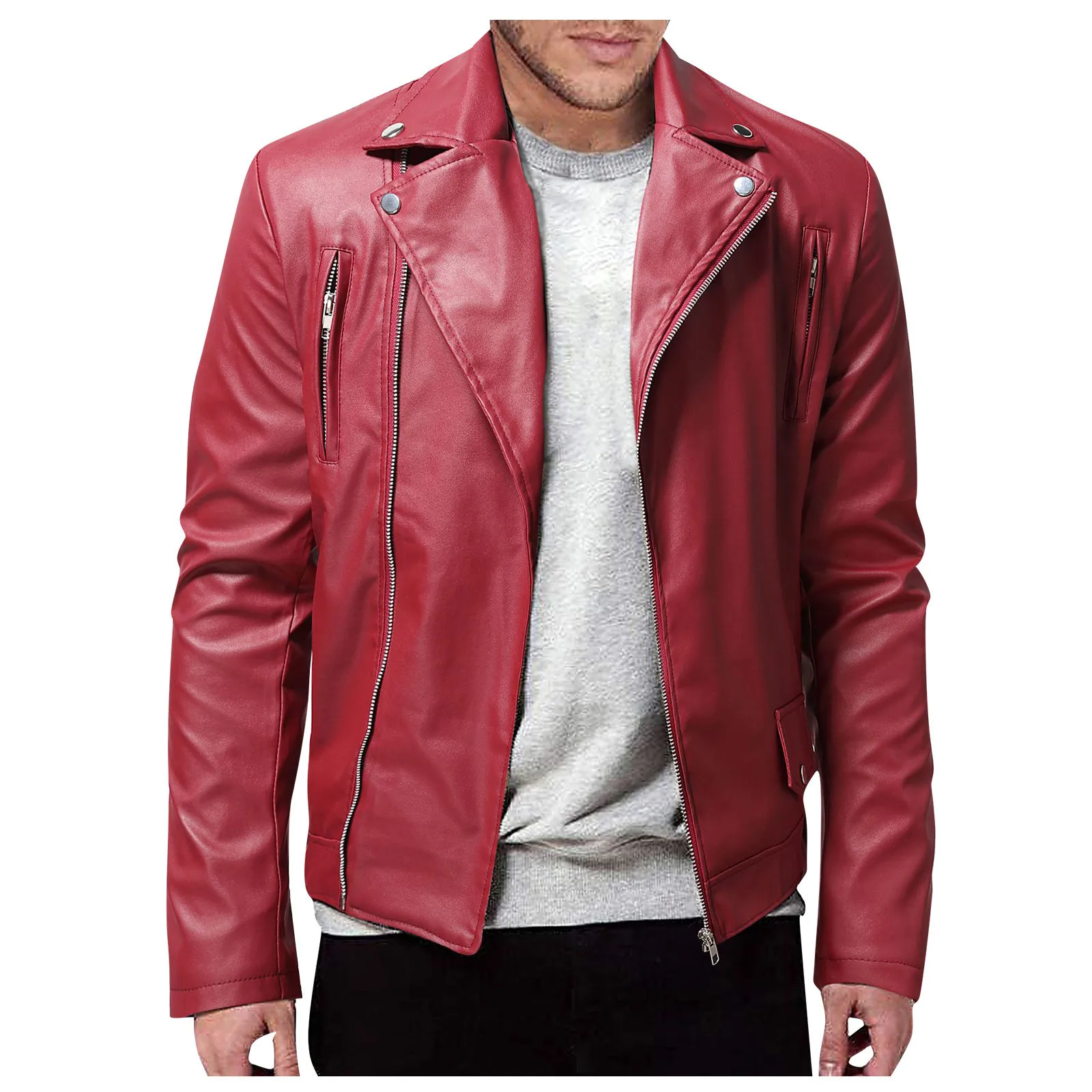

Мужская куртка из искусственной кожи, однотонная Повседневная приталенная мотоциклетная куртка на молнии с длинным рукавом и отложным воротником, мужская одежда