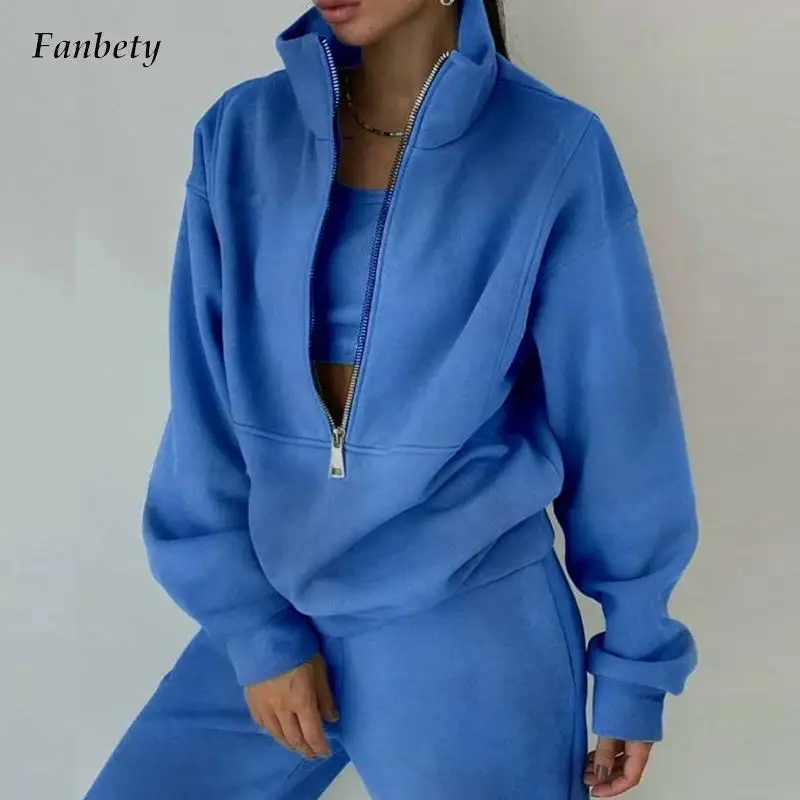 

Fashion Stand Collar Zipper Pullover and Long Pants Outfits Women Casual Long Sleeve Tracksuit Suit Elegant Fleece Loose 2Pc Set