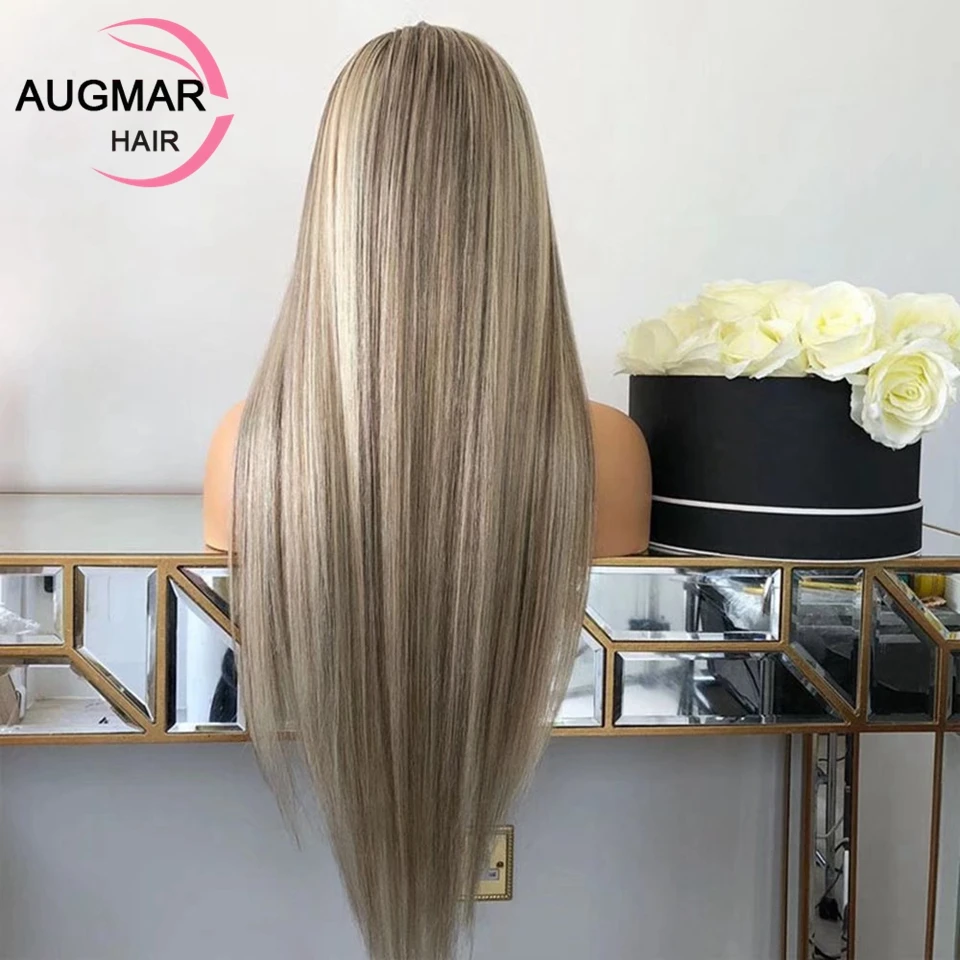 Фото Парик из натуральных волос 13x4 Ash Blonde, 30 дюймов, прямой парик с прозрачной коричневой мелировкой 13x6, парик с кружевной передней частью из натуральных волос №3