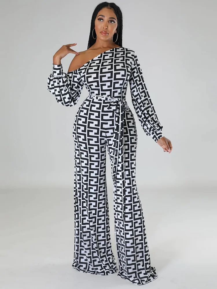 Geometric Printed Diagonal Collar Long Sleeved Jumpsuit with Belt One Fashion Casual Pieces for Women Tracksuits Elegant Female