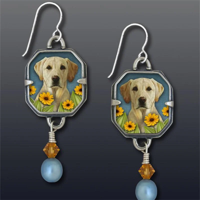 

Ethnic Inlaid with Blue Imitation Pearls Earrings Vintage Silver Color Square Paste Pet Dog Pattern Dangle Earrings for Women