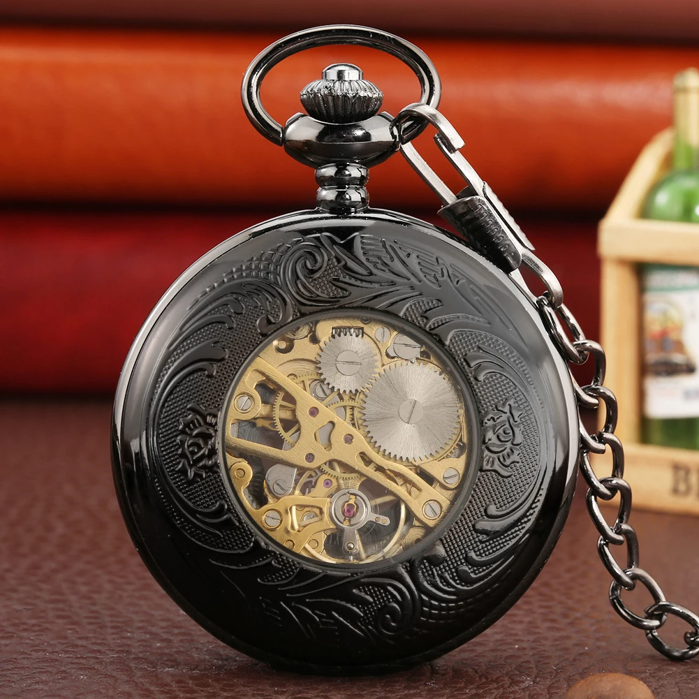 Classic Black Roman Numerals Manual Mechanical Pocket Watch Vintage Hot Hand Winding Pendant Pocket Timepiece Men