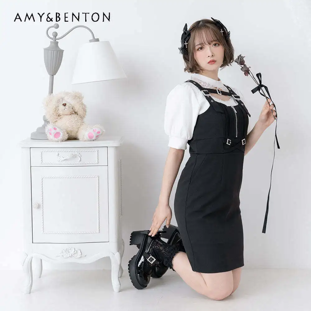 

2023 Summer Back Slim-Fit Slimming Waist Dress Women Japanese-Style Mine Lolita Suspender Dress Slim-Fit Sleeveless Black Dress