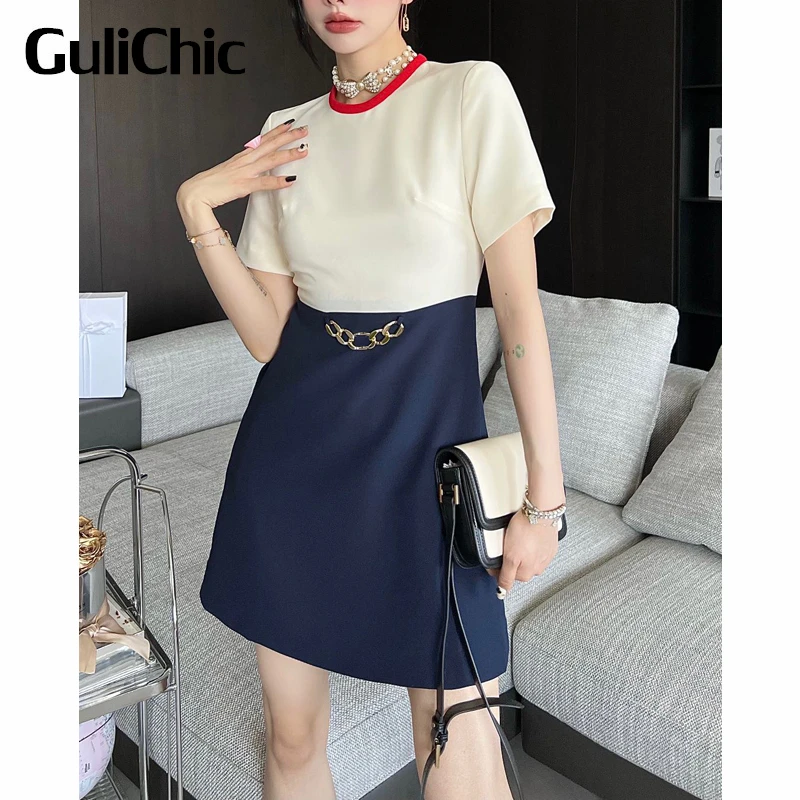 

6.10 GuliChic Women Fashion Contrast Color Patchwork Chain Round Neck High Waist Mini Dress