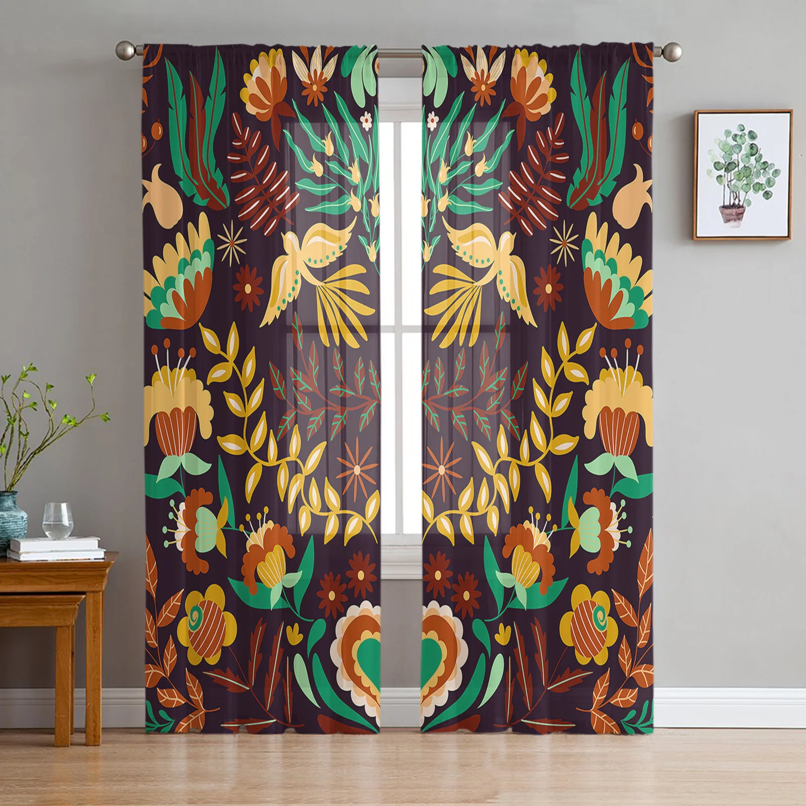 

Colorful Mexico Flower Bird Sheer Curtains for Living Room Bedroom Tulle Curtain for Kitchen Home Decor Window Drapes