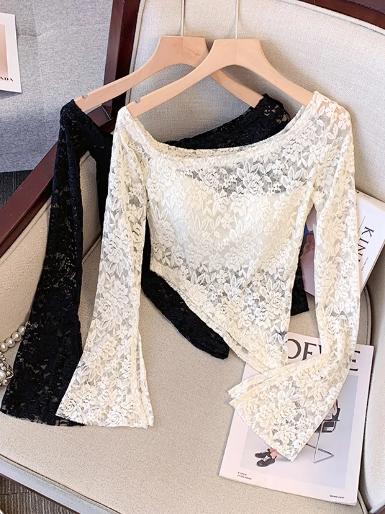 Pure Desire Белая кружевная рубашка с наклонными плечами и длинными рукавами женская