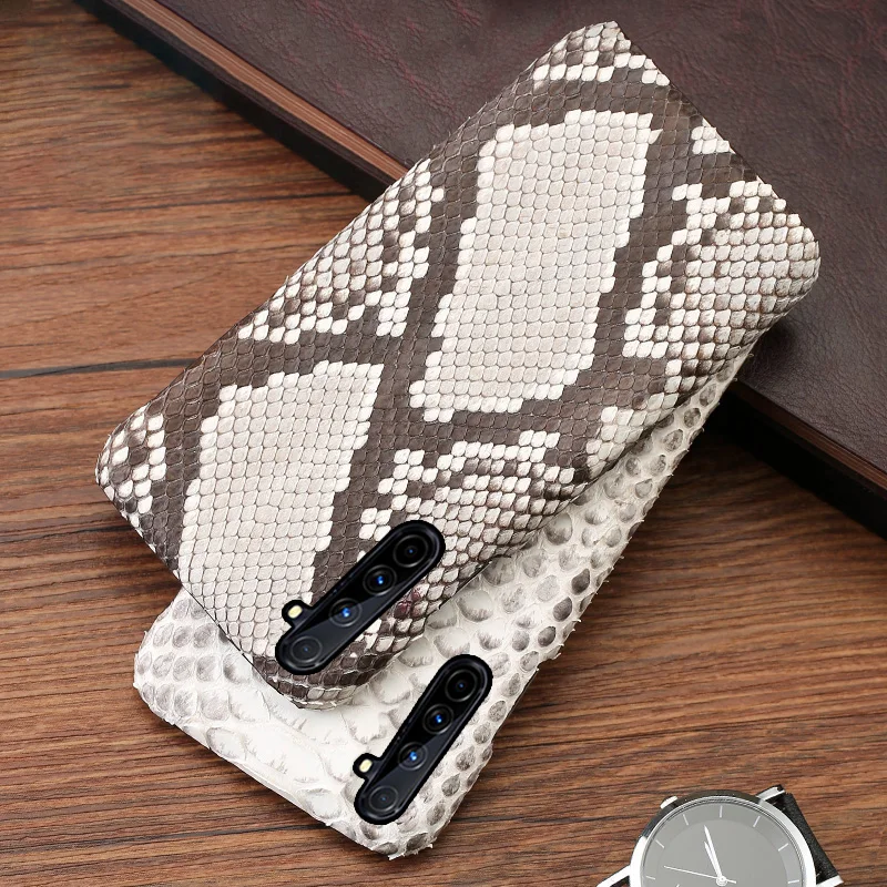 

Genuine Leather Phone Case For Realme 3 5 6 X Lite XT X2 X50 Pro Q Cases Natural Python Skin Cover Luxury Snake Skin Funda Capa