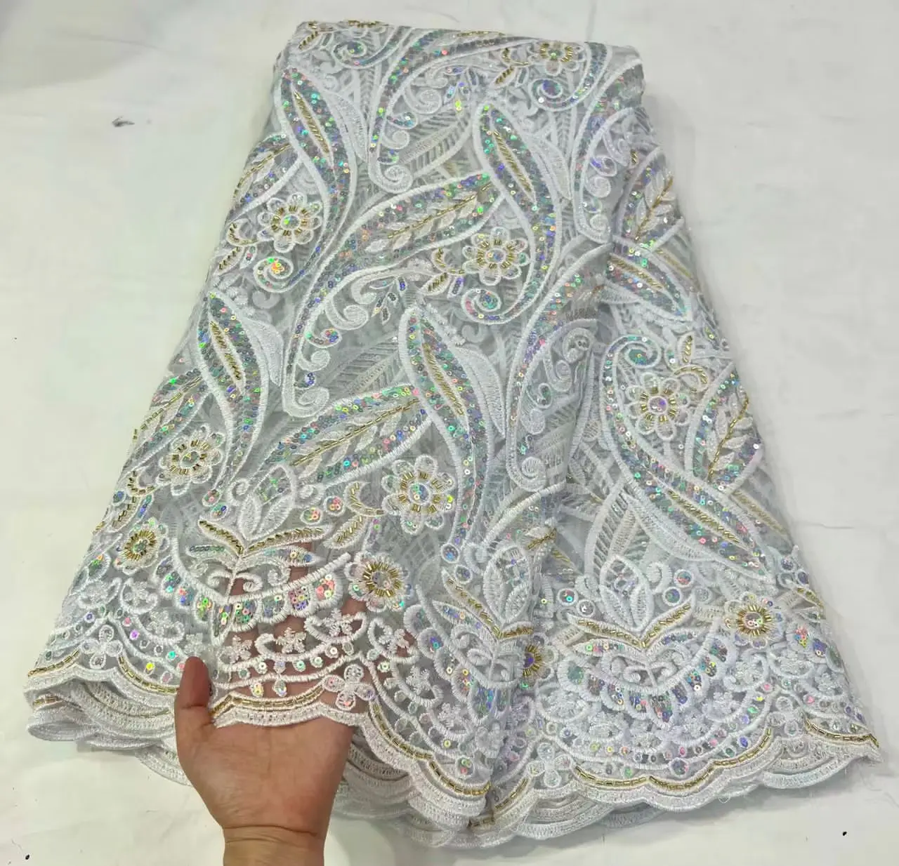

African Lace Fabric 2022 High Quality French Mesh Lace Fabric With Sequins Nigerian Lace Fabrics For Wedding Dress