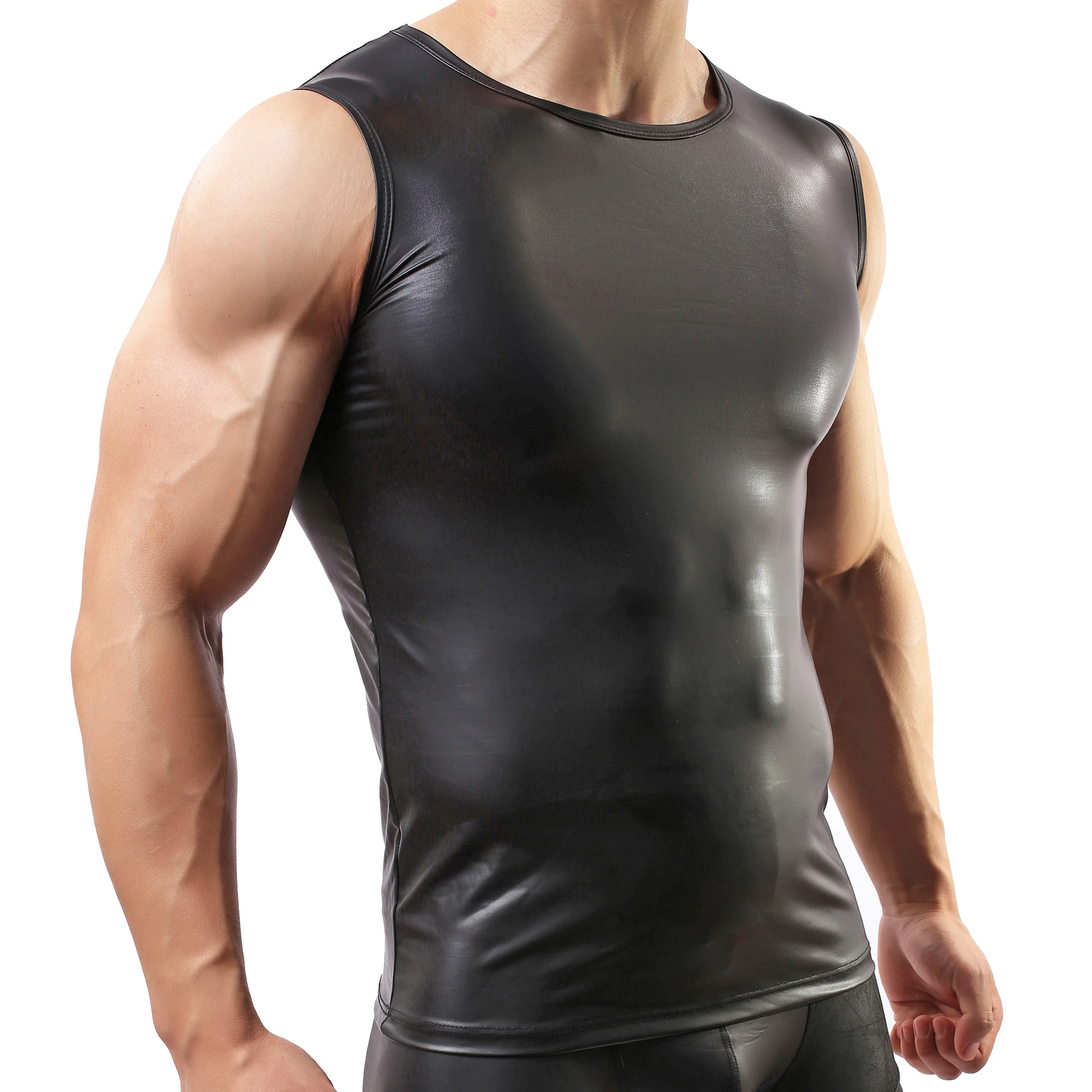 

Майка мужская из искусственной кожи, латексная футболка без рукавов, для танцев на сцене, Клубная одежда, жилеты из экокожи
