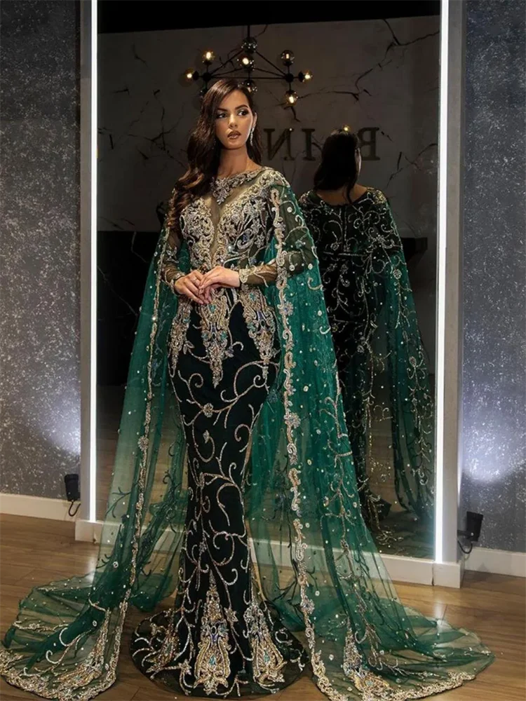 

Haute Couture Elegant Women's Evening Gown Emerald Ball Gown Long Sleeves Sparkling Luxurious Lace Bridal Elegant Dress