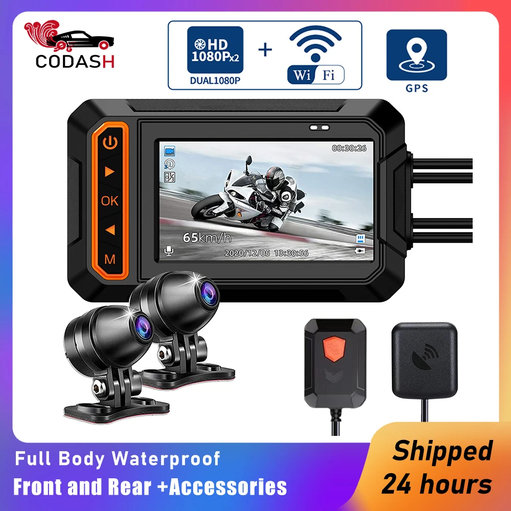 

CODASH Full Body Waterproof Motorcycle Camera Recorder WiFi GPS Dual 1080P Full HD Motorcycle DVR Dash Cam Black GPS Box Gift