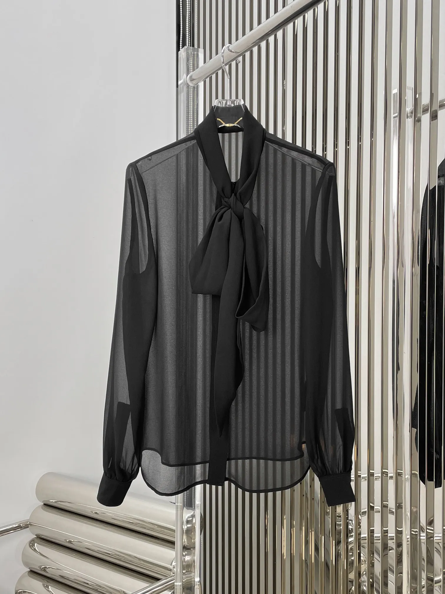 

100% silk high quality designer 2023 summer women bow collar sheer black shirts single breasted blouses tops