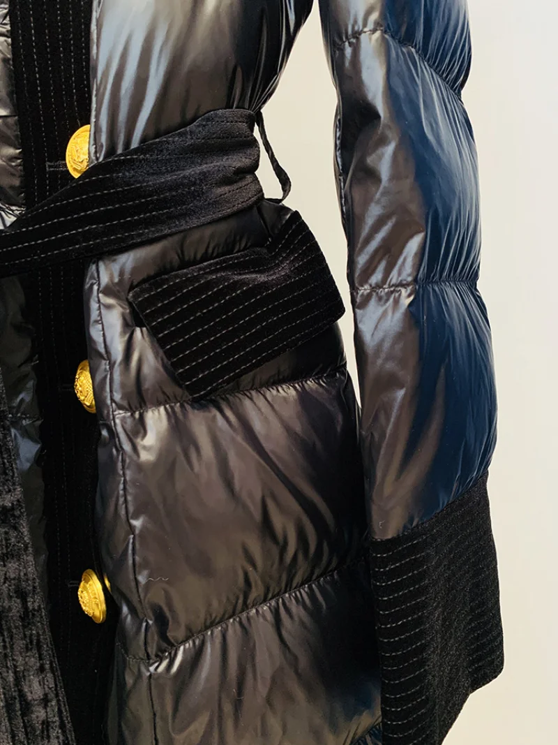 winter white duck down jacket women coat long glossy velvet tie belt parkas gold lion buttons elegant female fashion lady design