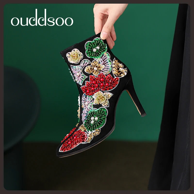 Купи ODS Womens Embroidery Flower Umps Luxury Colorful Rhinstone Ankle Boots Heels Ladies Dress Shoes Sexy Plus Size Handmade Bootie за 5,407 рублей в магазине AliExpress