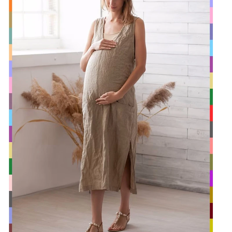 Платье для преггера. Платье для беременных. Льняные платья льняного цвета бежевого цвета. Льняная туника. Свободные льняные юбки. 100% чистый Лен