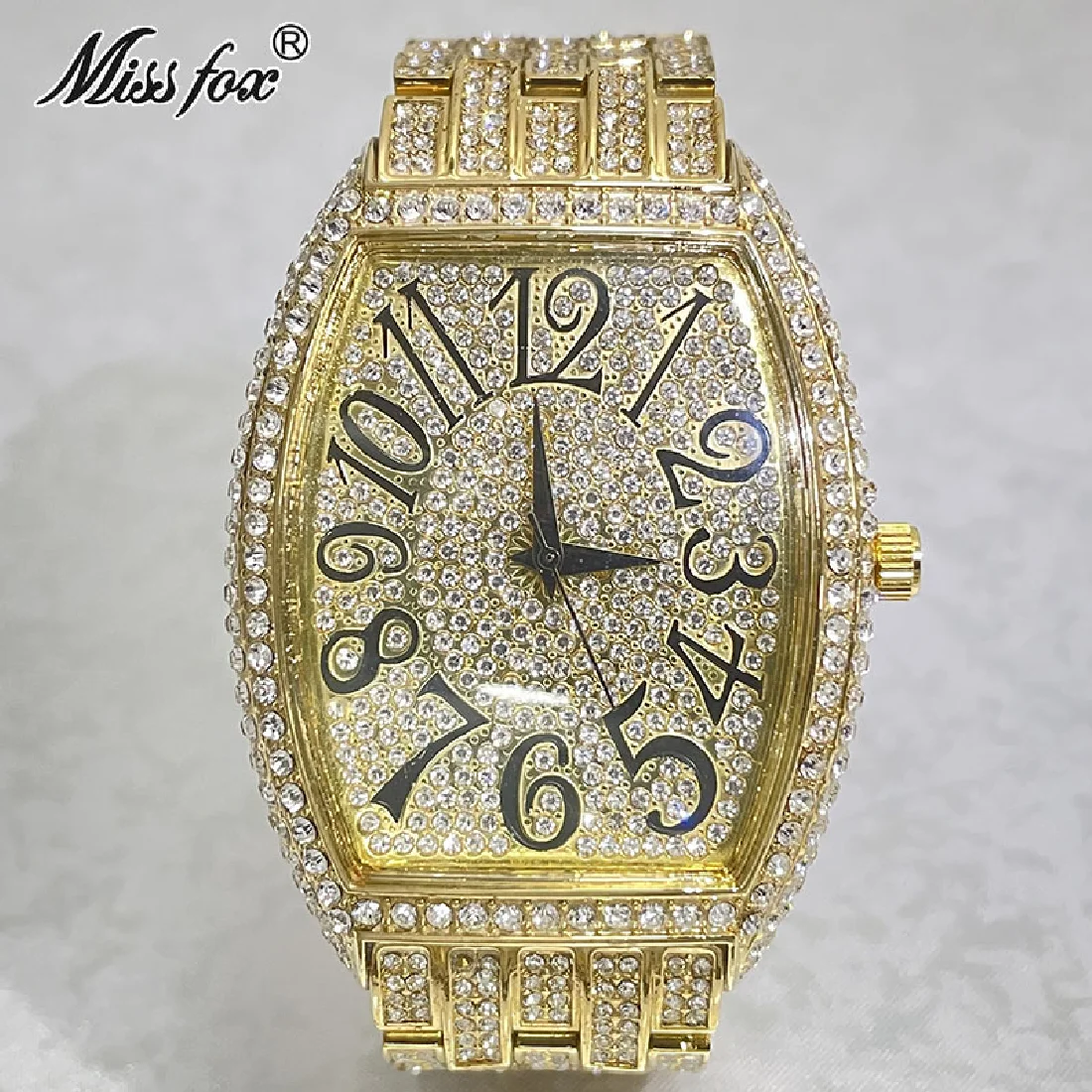 

Hip Hop Brand MISSFOX Luxury Gold Watches For Men Full Diamond Big Waterproof Wristwatch Fashion Bling Iced Out AAA Clocks Male