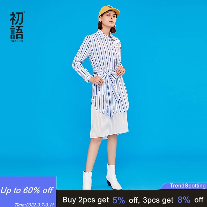

Toyouth Women Autumn Dress Fashion Stripe Print Polo Collar Long Sleeve Chiffon Patchwork Elegant Ooffice Lady Long Dresses