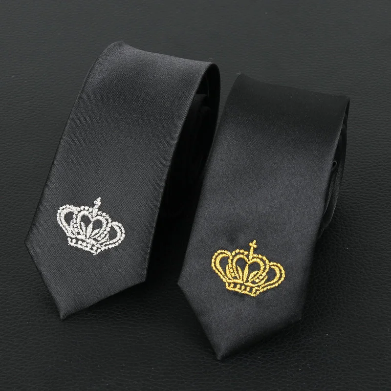 

Embroidered Crown Black Ties For Men 5cm British Fashion Narrow Necktie Wedding Concert Suit Casual Shirt Uniform JK Accessories