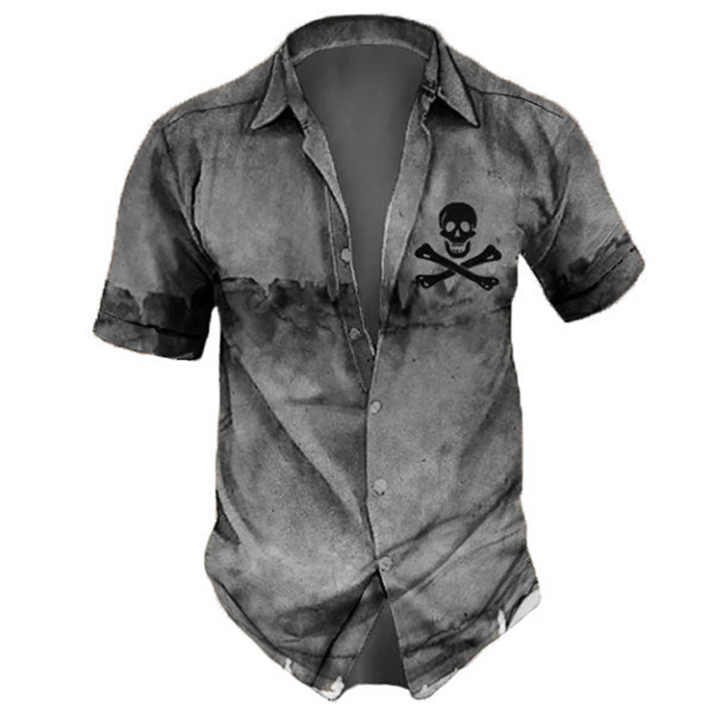 2023 Men's Shirts Lapel Streetwear Vintage Shirt For Men Skull Hip Hop Short Sleeve Top Party Summer Casual Men Hawaiian Shirts