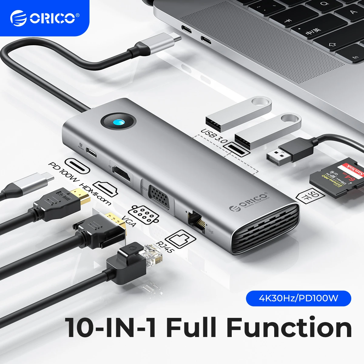 Фото Док-станция ORICO Type C HUB to 4K60Hz HDMI-совместимый адаптер USB 3,0 RJ45 PD100W Зарядка для Macbook Pro Аксессуары для ноутбуков №1