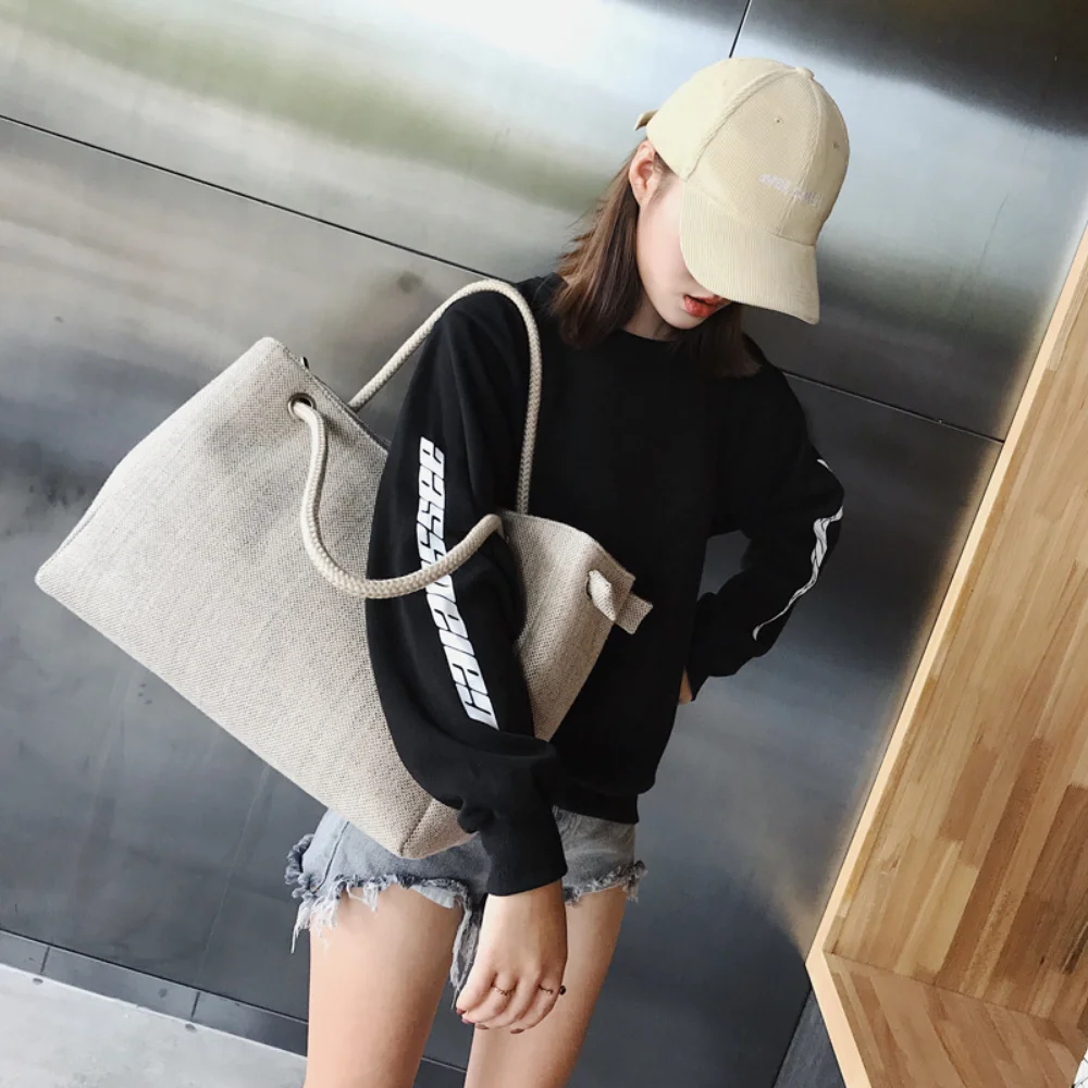 Vegan Canvas Tote Bags Women Simple Versatile Handbags Large Capacity Fashion Vintage Shopper Bag Summer Beach Shoulder Bag