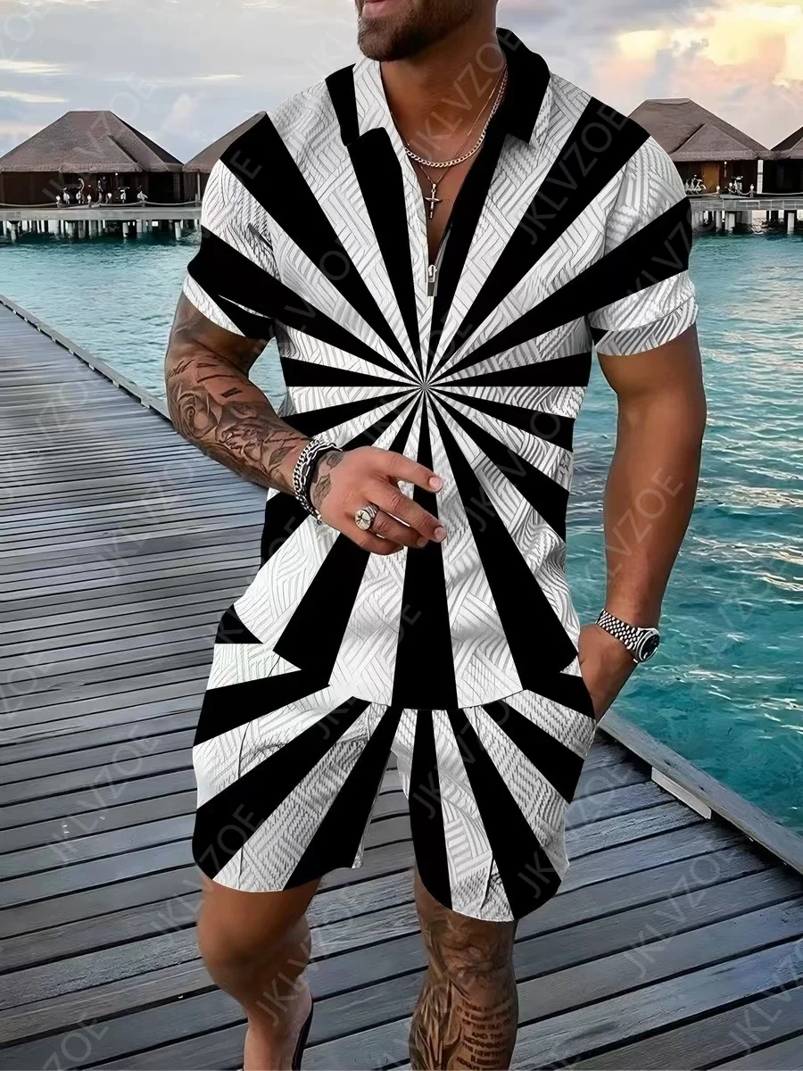 Men's Casual Retro 3D Printed Polo Suit Popular Street Beach Summer Hot Clothing Geometric Stripes Oversized Brand