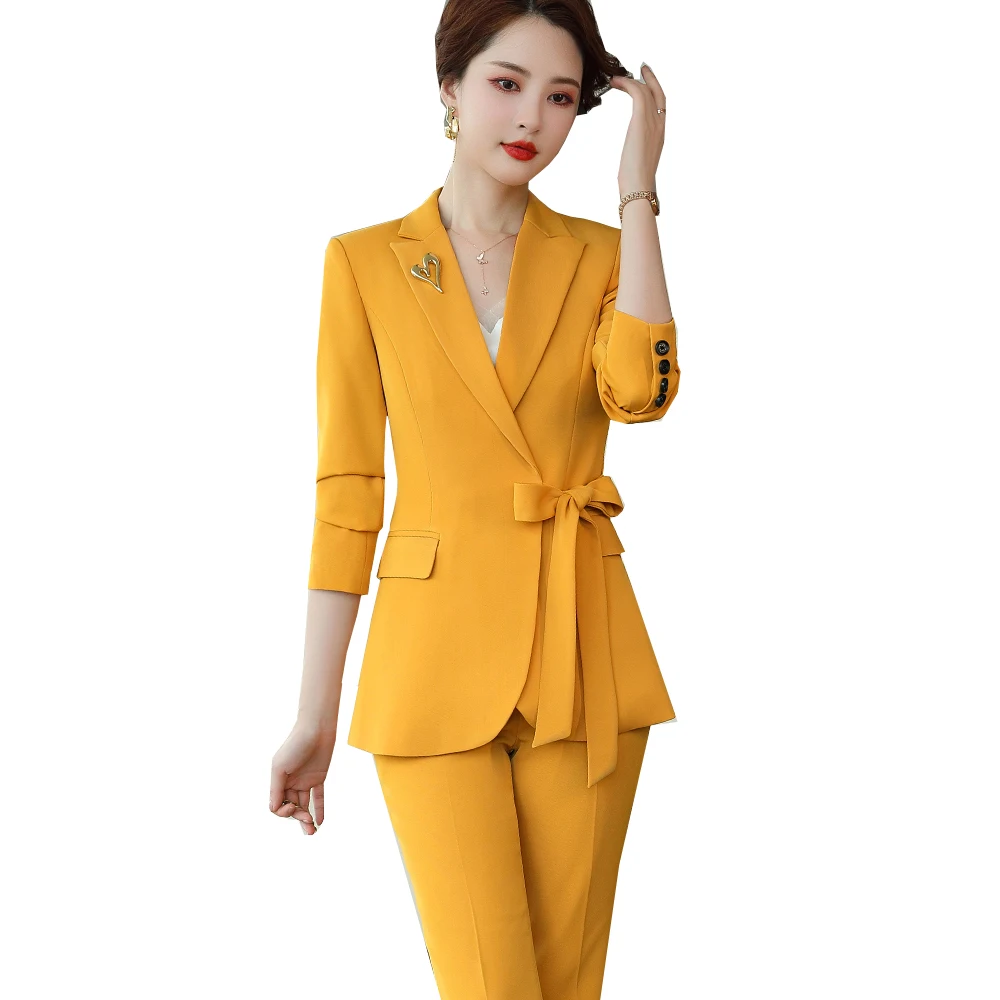 

Yellow Black Pant Suit Women Office Ladies Work Wear 2 Piece Set Female Formal V-Neck Blazer Jacket And Trousers