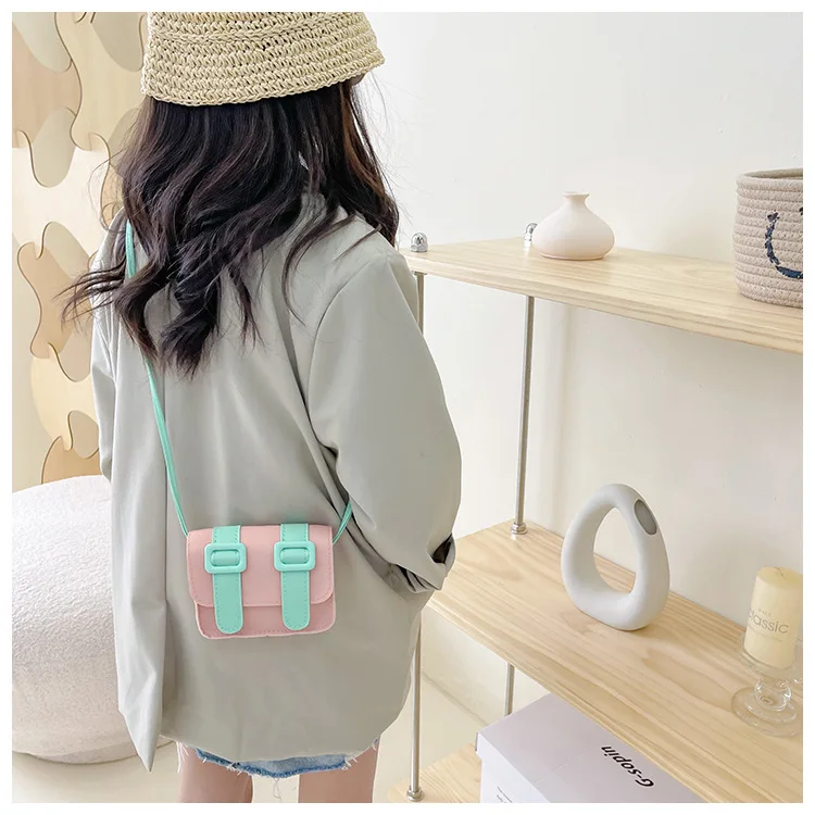 Contrast Color Children's Small Square Shoulder Bag Cute Baby Girls Messenger Bags PU Leather Kids Boys Mini Coin Purse Handbags