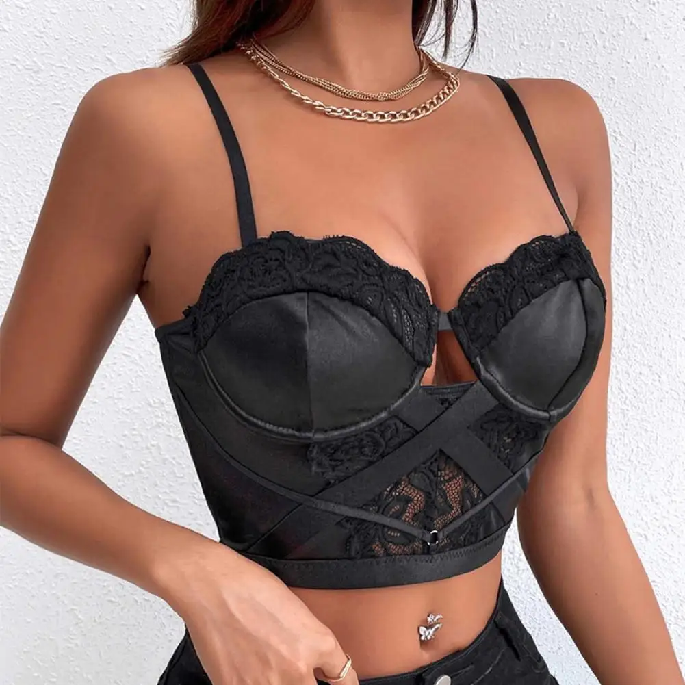 

Women Clothing Summer Polyester Camisole Female Solid Color Lace Hollow-Out Sleeveless Backless Spaghetti Strap Crop Tops