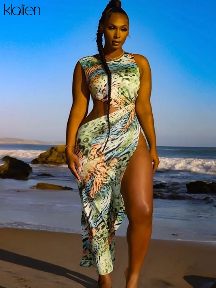 

KLALIEN Fashion Sexy Print O Neck Maxi Dresses For Women Summer New Streetwear Y2K Beach Vacation Split Long Dress Outfit