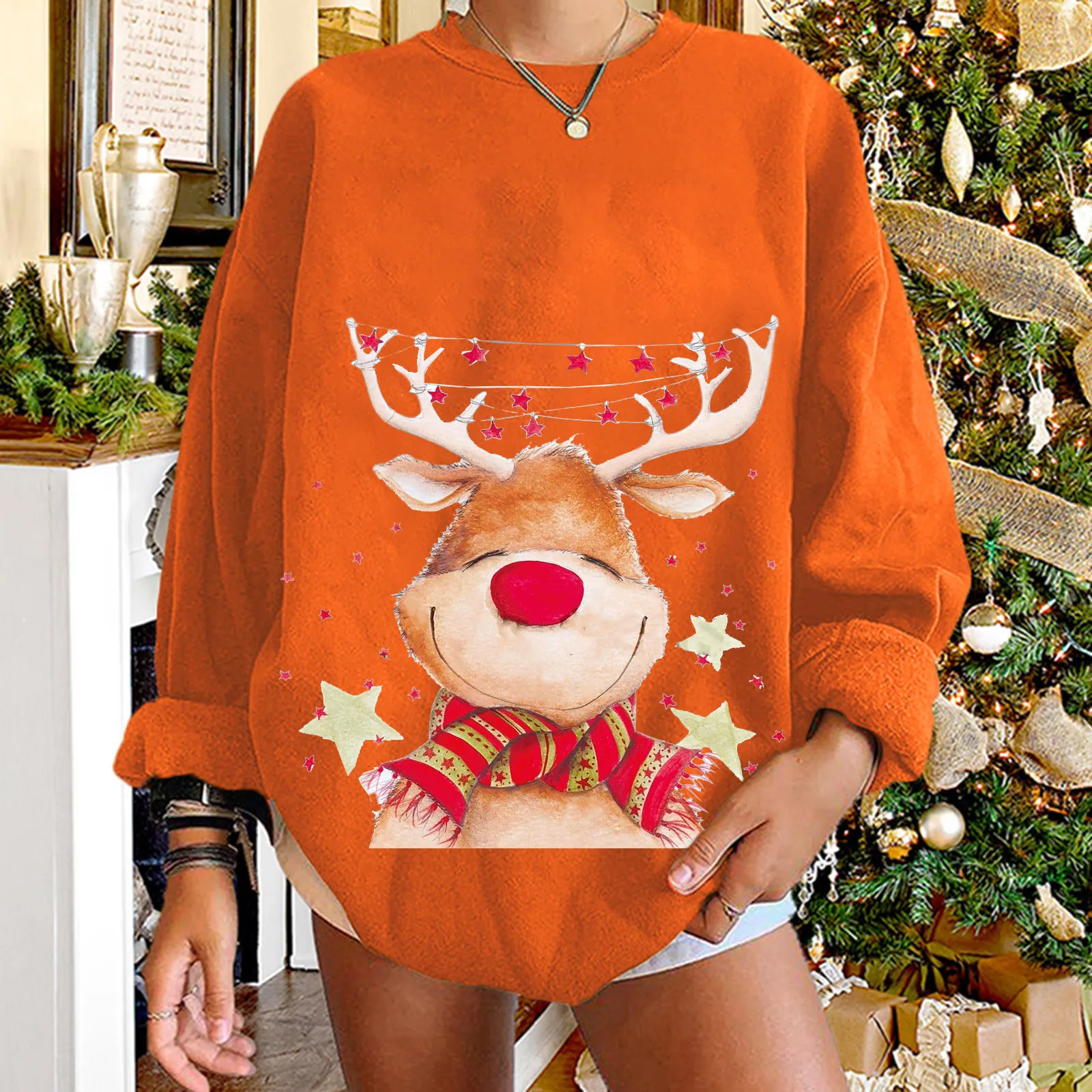 

Christmas Women's Printed Crewneck Sweatshirt Pullover Casual Long Sleeve Blouse Short Suit Set Women Short Sweatshirt