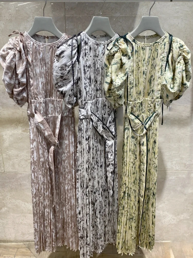 

LY VAREY LIN New Summer Floral Print Long Dress with Belt Women Casual O-neck Off Shoulder A-line Dress Lady Holiday Style Dress