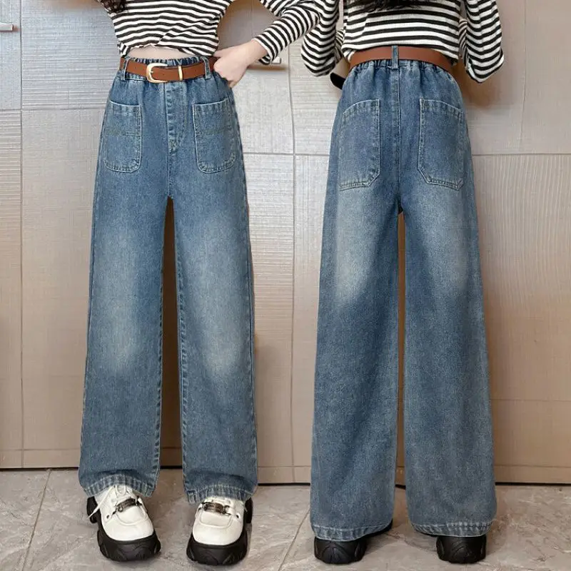 

Teens Girls Jeans Spring Fall Loose Straight Denim Pants for Kids Fashion Casual 12 13 14 Years Children Trousers Elastic Waist