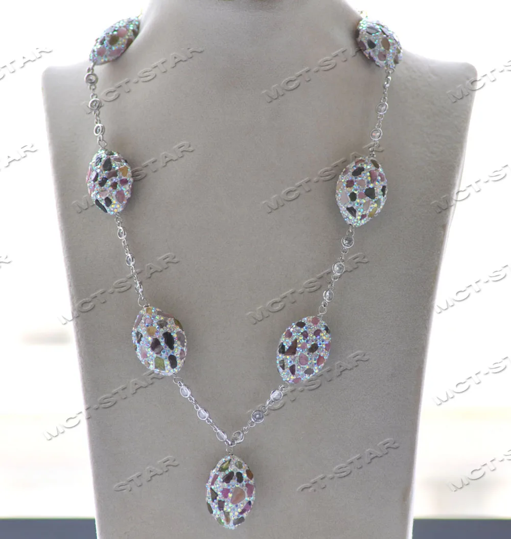 

MCT·STAR Z12344 22''30mm Multicolor Tourmaline Detritus All CZ Egg Chain Necklace Pendant