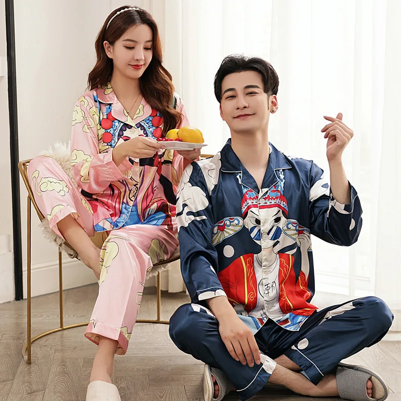 Lovers pajamas leisure wear long sleeve silk pajamas silk pajamas woman pajamas nightdress suits the man