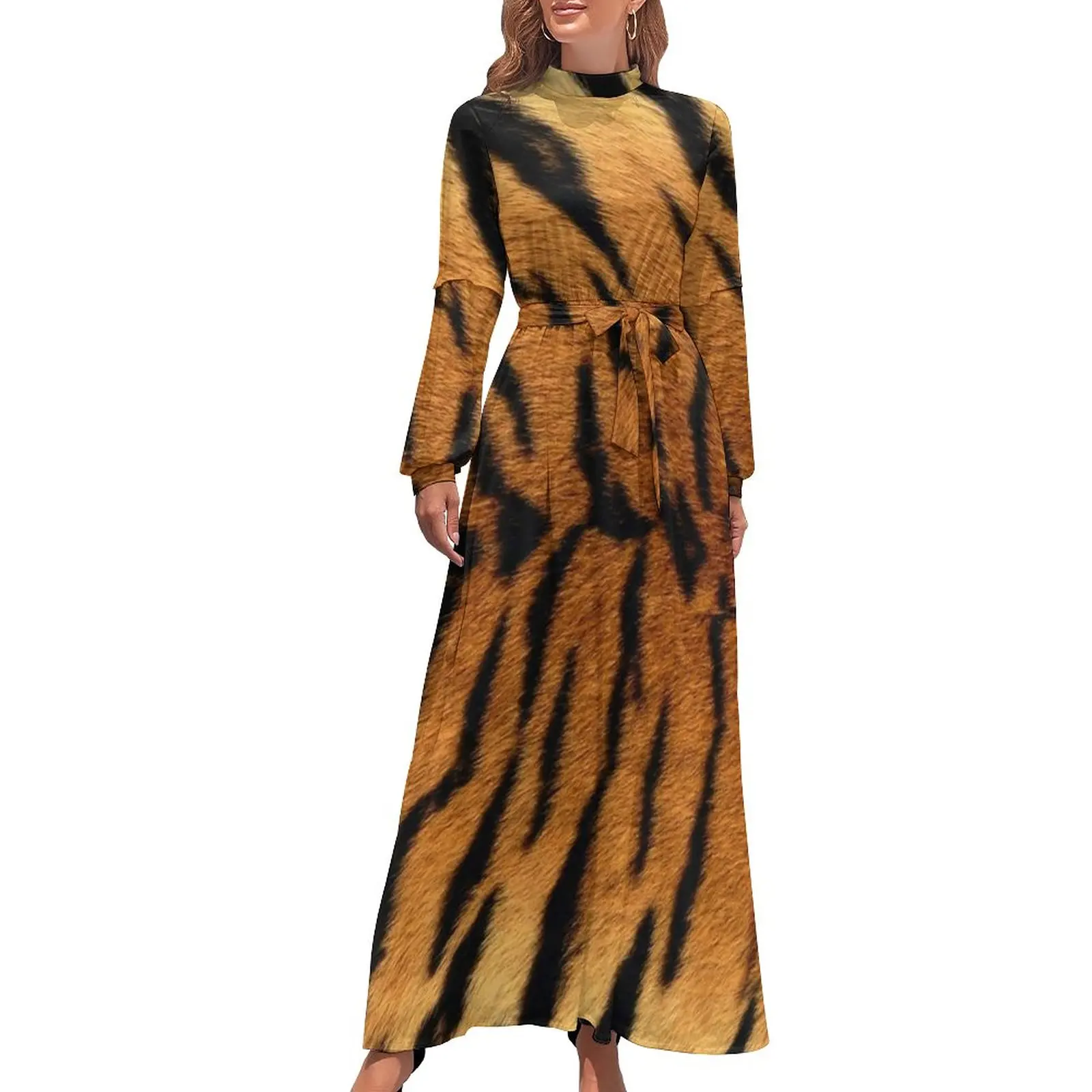 

Tiger Skin Print Dress Long Sleeve Animal Pattern Kawaii Maxi Dress High Neck Vintage Boho Beach Long Dresses Birthday Gift