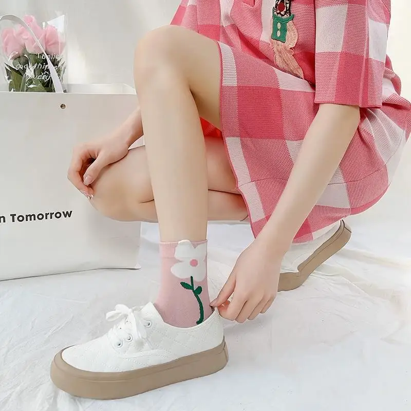 6Pairs Kawaii Women's Socks Set Sweet Floral Tulip Frilly Ruffle Socks Autumn Winter Middle Tube Fashion Casual Socks Eu35-40