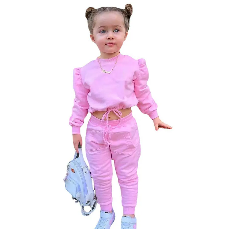 1-8Years Soild Kids Girl Child Suit Outfit Long Sleeve Crop Tops+Pants Sets Fashion Spring Autumn Baby Girl Clothes Suits 2023