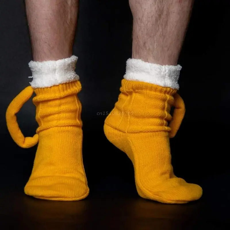 

3D Beer Mug Socks Cute Unisex Funny Novelty Yellow Knit Socks Winter Warm Thick Floor Sock for Men Women Christmas Gift