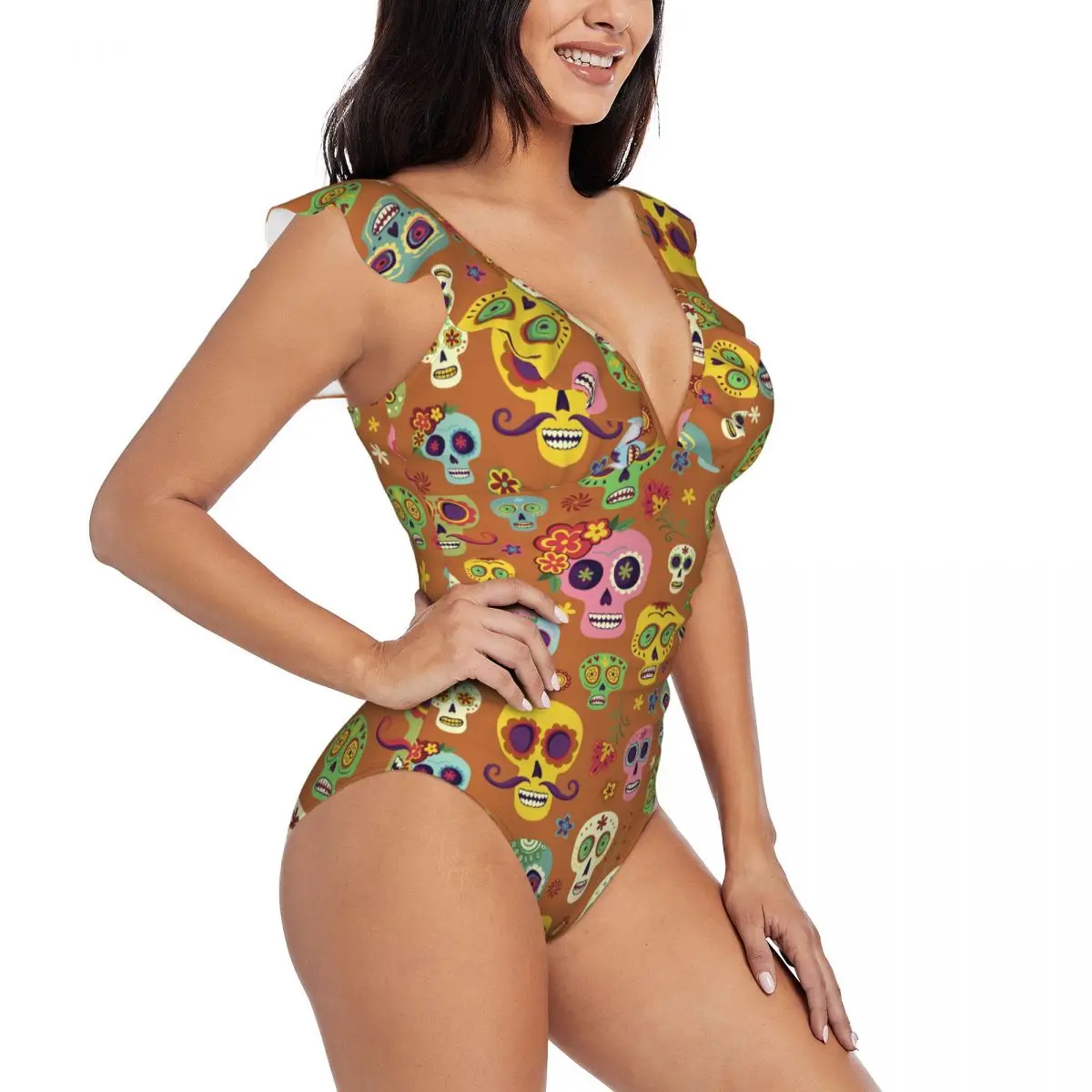 

Women Mexican Sugar Skulls The Day Of The Dead One Piece Swimwear Sexy Ruffle Swimsuit Summer Beach Wear Slimming Bathing Suit