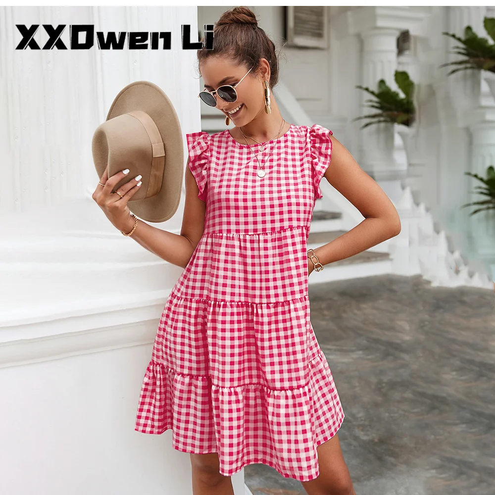 

Summer Fashion Plaid Boho Mini Dress For Women 2022 O-neck Sleeveless Ruffles Casual Loose Beach Party Dresses Robe Femme