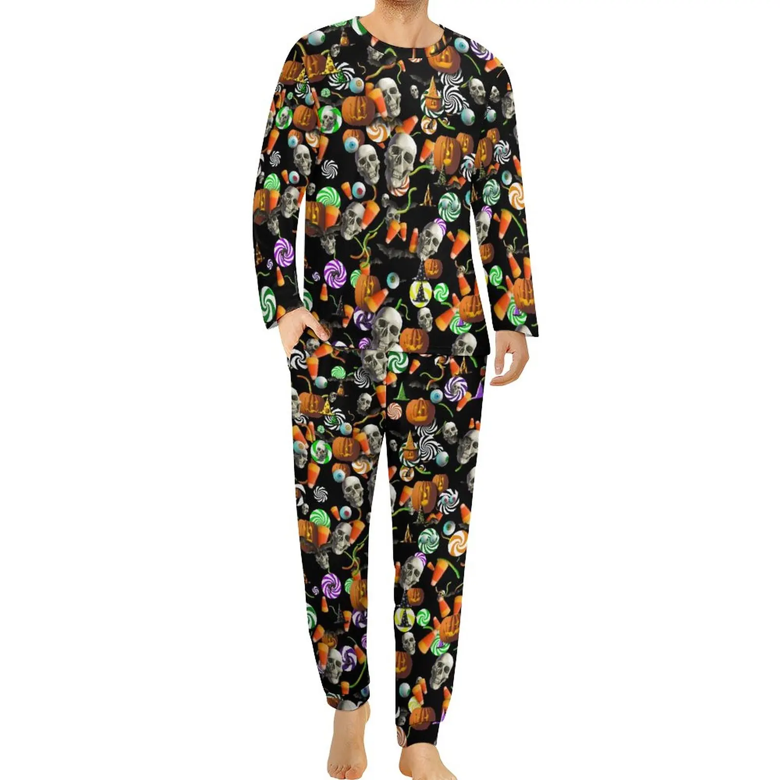 Creepy Halloween Pajamas Winter Skulls And Pumpkins Kawaii Pajama Sets Man Long-Sleeve Leisure Design Sleepwear Big Size 4XL 5XL