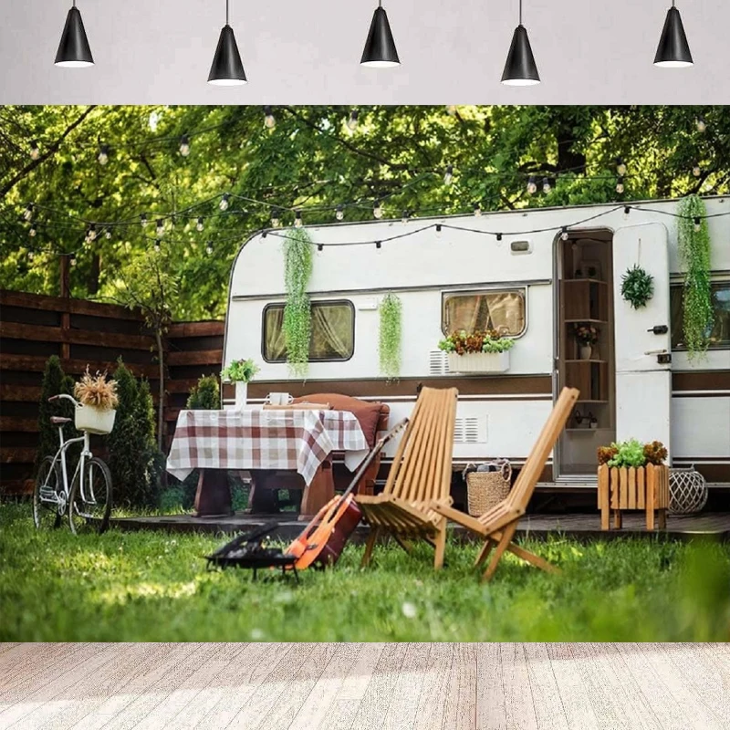 Фон для фотосъемки с изображением весеннего кемпинга солнца леса прицепа