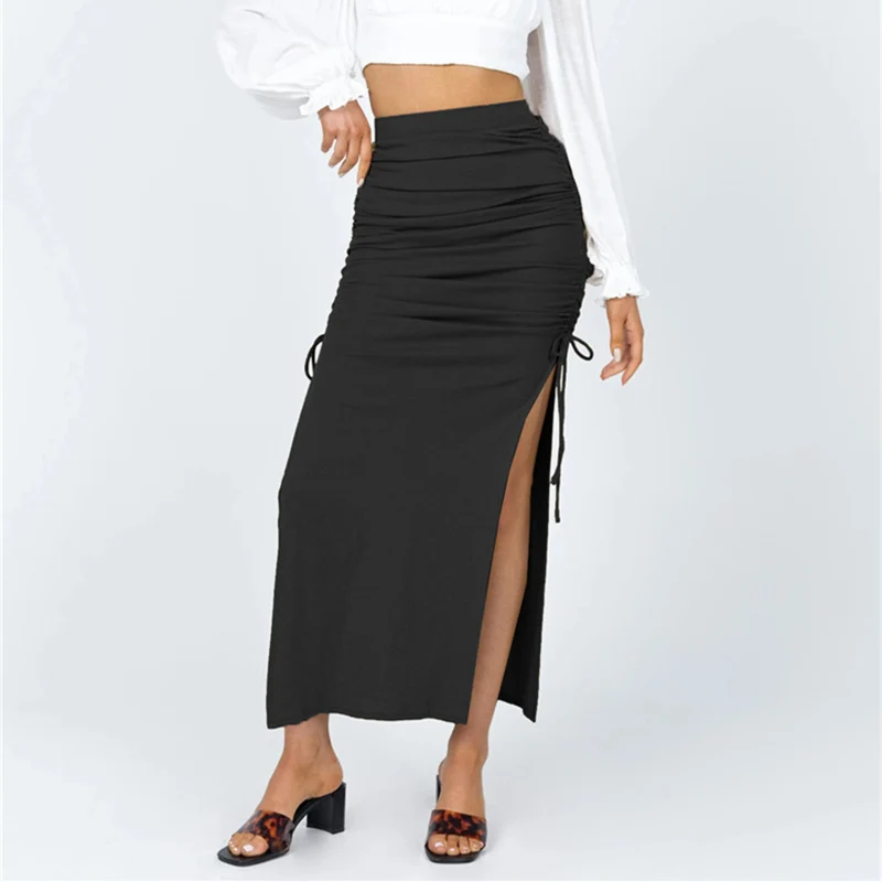 Women Fashion High Slit Skirts For Women Long Solid Lace-Up Shirring Sexy Slim Skirt Summer Female Knitting Streetwear Newly
