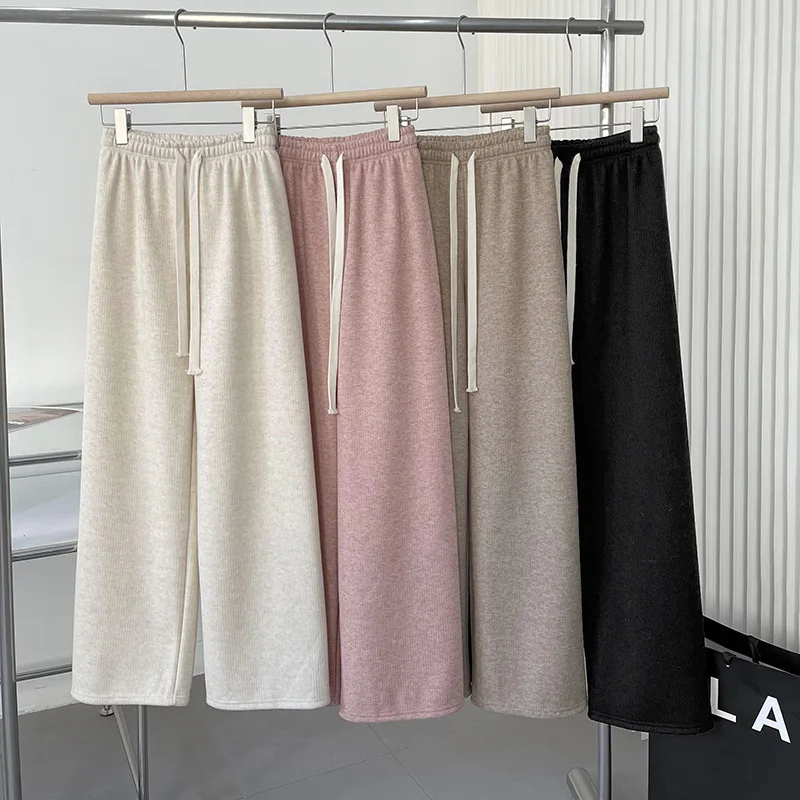 

2022 Winter Wide Leg Pants Women's Straight Tube Cashmere Port Style Thick Retro High Waist Casual Pants