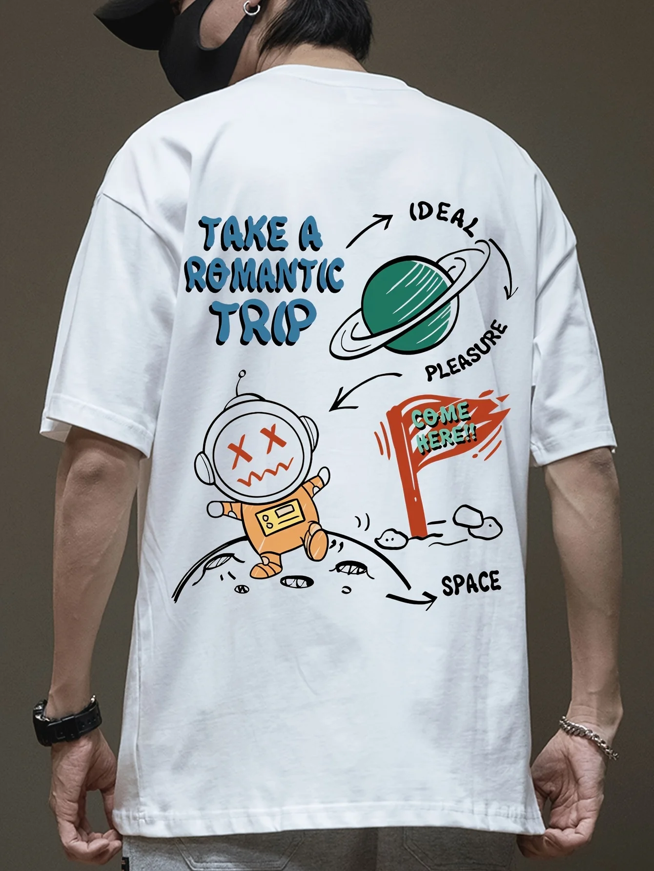 Men's 100% Cotton Astronaut And Planet Graphic Print T-shirt Casual Short Sleeve Crew Neck Tee Clothing For Summer Outdo